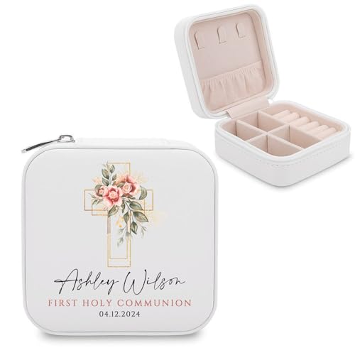 Personalized First Communion Gift for Girls – Custom Jewelry Box with Name & Date, Elegant Keepsake for First Holy Communion - color: Cross