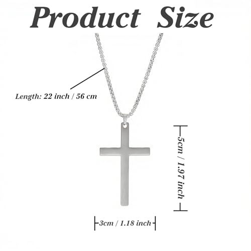Cross Necklace for Men Silver Premium Alloy Solid Color Cross Pendant Necklace for Men Women Teens - color: Silver-Stainless Steel-22inch