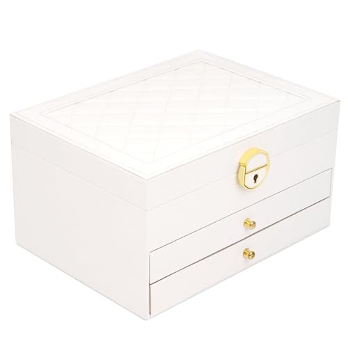 3 Layer Jewelry Box Organizer with Drawers, Lockable PU Leather Jewelry Storage Case for Mothrer's Day gifts Necklace Earring Ring Bracelet Watch, White - color: White