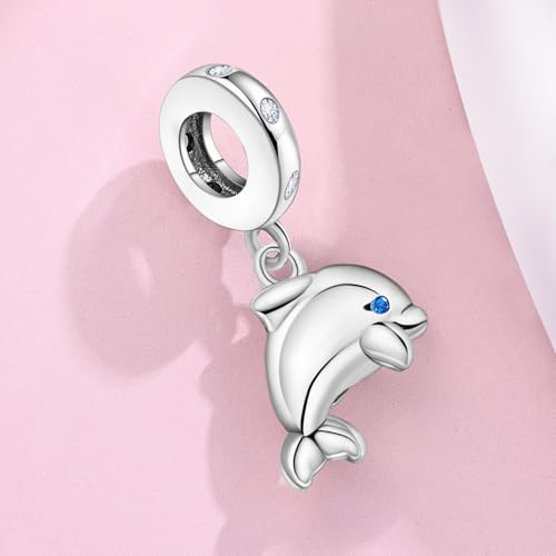 925 sterling silver Bead Charm for Pandora bracelets and Necklaces - Cute Heart Animal Ocean Pendant Bead Charms with Cubic Zirconia Mother's Day Jewelry Making DIY Gifts for Women Wife/Girlfriend - color: Little Dolphin Pendant Charm