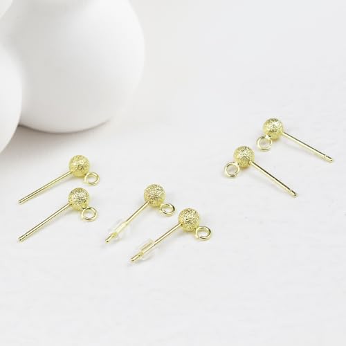 14K Gold Plated Ball Earring Posts Hypoallergenic Earring Studs Ball Ear Pin with 925 Sterling Silver Post for DIY Jewelry Making Findings - color: A Style-14K Gold Dull Polish Ball