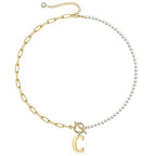 Yoosteel Pearl Initial Necklace for Women, Dainty Pearl Chain Choker Initial Necklaces for Women Toggle Clasp Paperclip Link Chain Necklace Jewelry Gifts - color: Gold, style: C