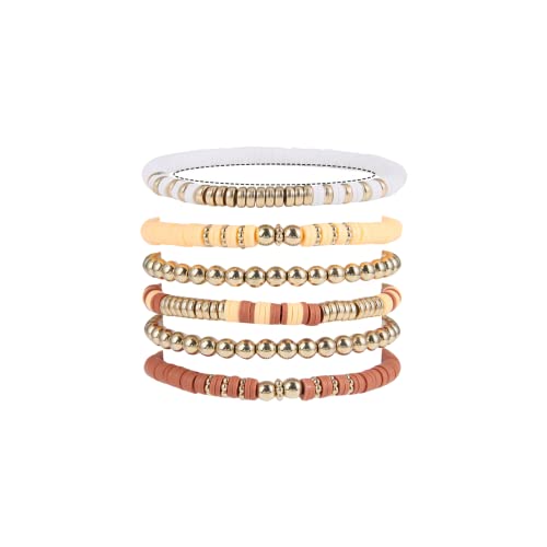 5-7PCS Surfer Colorful Clay Beads Stretch Bracelets Bohemian Stackable Gold Beads Vinyl Disc Elastic Bracelets Multilayer Summer Beach Jewelry Set - color: G-Brown