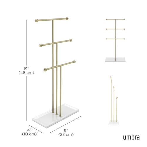 Umbra Trigem Hanging Jewelry Organizer Tiered Tabletop Free Standing Necklace Holder Display, White/Gold