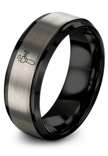 Chain Tool Ring - Gift for Cyclist - 8mm - Band - Gunmetal Black Silver - Personalized Custom Engraving - Men Women - Anniversary Engagement Wedding - Tungsten Carbide - Flat Dome Bevel - color: 08 - Black Grey Tungsten