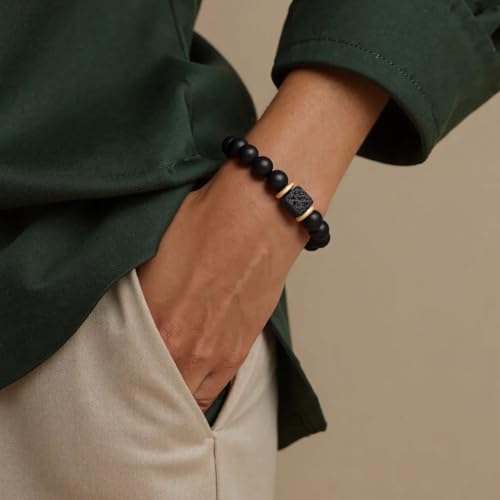 Elastic Adjustable Mens Bracelet - 8mm Black Onyx & Lava Stone Beads Bracelets Jewelry Gift for Men, Beads Charm Bracelet with Elastic Cord, Birthday Gifts for Him Dad Husband