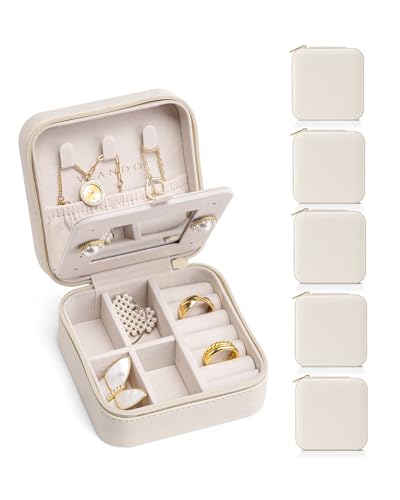 VLANDO Travel Jewelry Box, Small Jewelry Travel Organizer Case for Girls Women - white Mirror*6 pack - color: Beige - 6, size: B. with Mirror