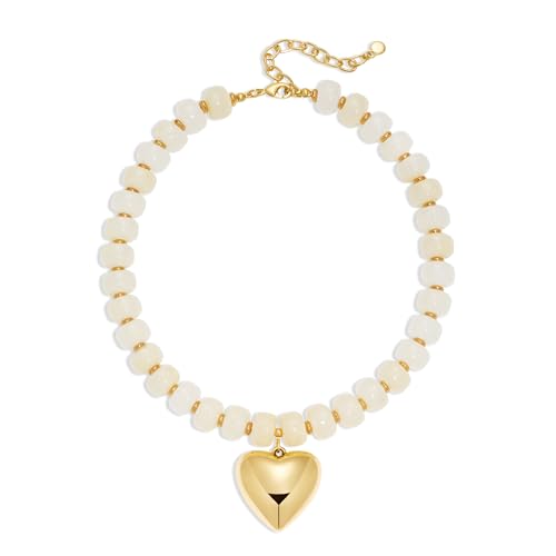 Gold Heart Pendant Necklaces for Women Colorful Acrylic Resin Beaded Choker Necklace Fashion Chunky Statement Beaded Heart Necklace - color: White