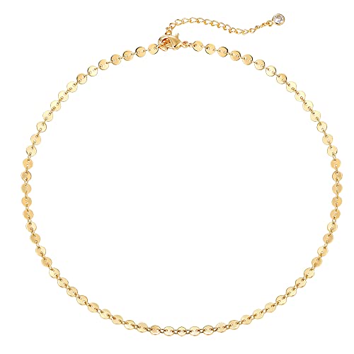 Dremmy Studios Dainty Gold Choker Necklace for Women 14K Gold Plated Coin Disc Figaro Layered Beaded Flat Mariner Sideways Cross Wishbone Link Clavicle Necklaces - style: Coin