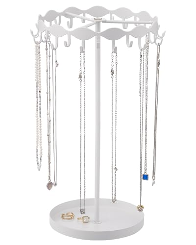 Lolalet Necklace Organizer Holder, Jewelry Display Rack Tree Stand with 26 Hooks & Metal Base Tray, Tall Hanging Storage for Necklaces, Keychains, Bracelets for Women -White - color: White
