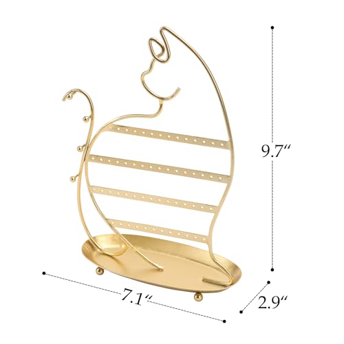 NIKKY HOME Cat Earring Holder Hanging Organizer Stand Metal Jewelry Tree Table Top Ear Stud Holder Tower Rack with Ring Tray and Hook for Girls (56 Holes), Gold
