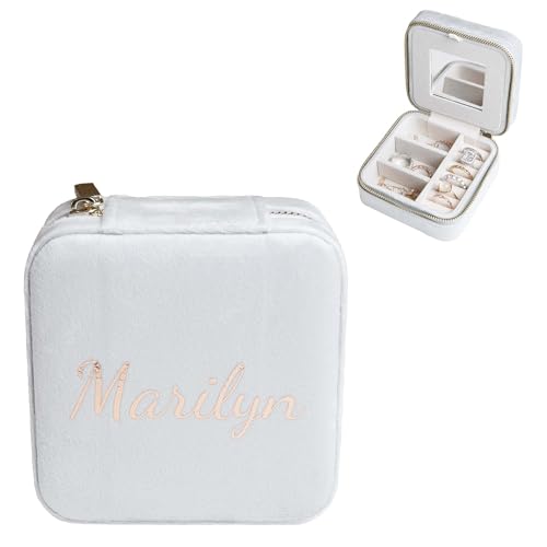 Customizable Compact Velvet Jewelry Box with Mirror, Travel Jewelry Case, Travel Jewelry Organizer, Jewelry Box for Women and Girls, Small Jewelry Organizer (Center Text, Milky Gray) - color: Milky Gray, size: Center Text Only