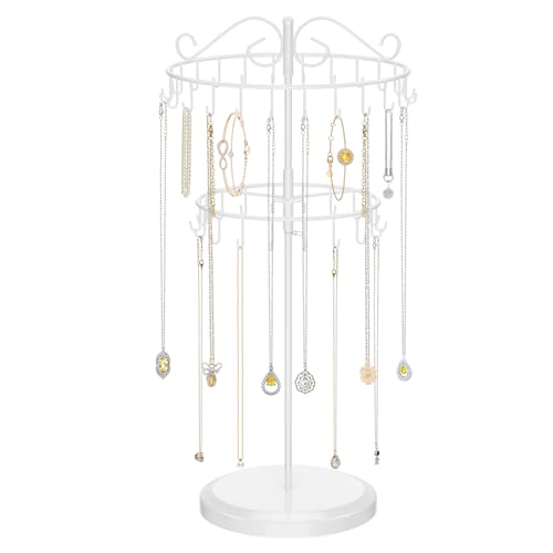 iDavosic.ly 2 Tier Rotating Necklace Holder Organizer with 42 Hooks, Adjustable Metal Bracelet Display Stand Rack, Extra Tall Keychain Spinning Tree Tower for Women, White - color: White