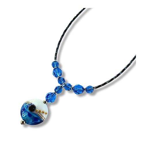 20" Handmade Lampwork Glass Statement Necklace for Women, Royal Blue Austrian Crystal, Black Bugle Beads, Stainless Steel Clasp