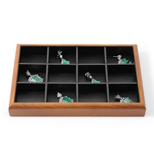 Solid Wood 12 Grids Jewelry Tray Stackable Jewelry Drawer Organizer Showcase Display Organizer Tray for Rings Earrings(Black) - color: Black, size: 12 Grid Tray