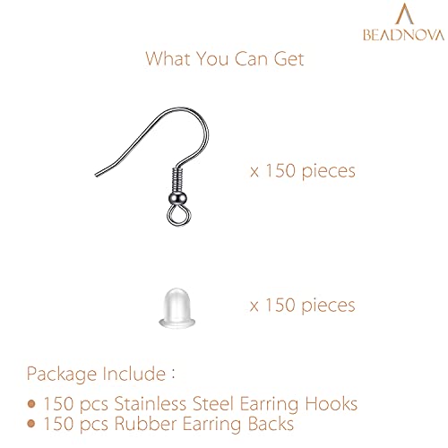 BEADNOVA Fish Hook Earring Hooks 150pcs Stainless Steel Earring Findings with Backs for Ear Wire Supplies Ear Posts Making DIY (150pcs Ear Wires and 150pcs Backs, Total 300pcs) - color: 150pcs