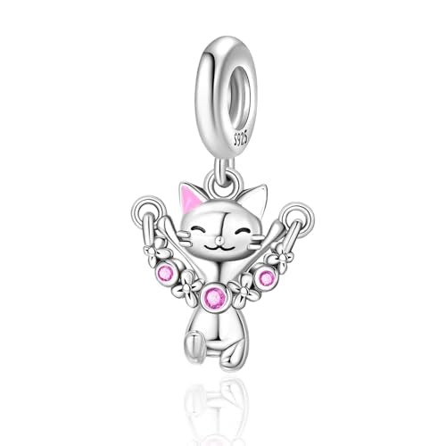 925 sterling silver Bead Charm for Pandora bracelets and Necklaces - Cute Heart Animal Ocean Pendant Bead Charms with Cubic Zirconia Mother's Day Jewelry Making DIY Gifts for Women Wife/Girlfriend - color: Jumping Cat Pendant