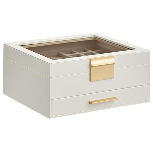 SONGMICS GISELLA Collection - Jewelry Box Organizer, 2-Layer Jewelry Storage with 1 Drawer, Shiny Metal Hardware, Glass Lid, Modern, 8 x 9.1 x 4.1 Inches, Cloud White and Gold Color UJBC174W01 - color: Cloud White + Gold, size: 2 Layer (8"d X 9.1"w)