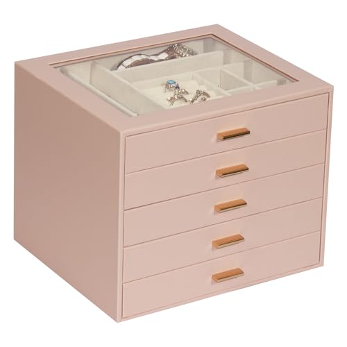 Jewelry Box with Glass Lid, 5-Layer Jewelry Organizer for Women Girls, PU Leather Display Case with 20-Grid Earring Tray & Movable Dividers for Necklaces Rings,Pink - color: Pink, size: 5-Layer