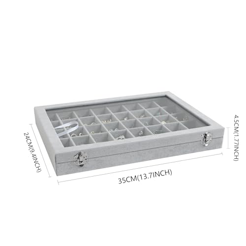 Wudygirl Jewelry Organizer Velvet Jewelry Box 40 Grid Earring Holder Organizer with Lid Ring Holder Ring Display Case Adjustable (Gray) - style: 40 Grid Tray