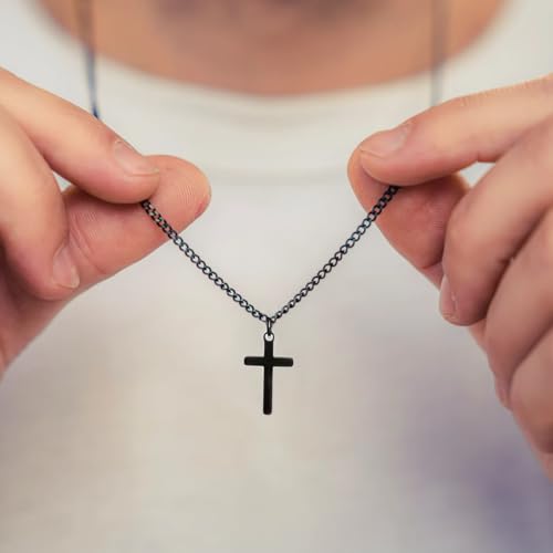 Joxevyia Cross Necklace for 14K Gold Filled Stainless Steel Small Cross Pendant with Cuban Chain Necklace Simple Faith Jewelry Christmas Gift for Men Women 16-24 Inches - size: 20 inches, style: black cross necklace 0.8"*0.4"