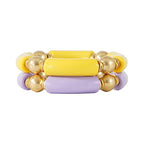 LALAPPLE Gold Plated Beaded Acrylic Bamboo Tube Bangle Bracelets for Women, Colorful Chunky Curved Tube With Gold Plated Pieces Beads Stretch Bracelet Friendship Summer Beach Jewelry - color: V-Yellow&Light purple 2pcs