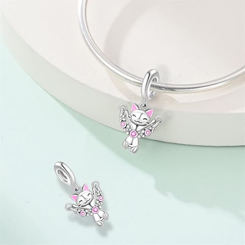 925 sterling silver Bead Charm for Pandora bracelets and Necklaces - Cute Heart Animal Ocean Pendant Bead Charms with Cubic Zirconia Mother's Day Jewelry Making DIY Gifts for Women Wife/Girlfriend - color: Jumping Cat Pendant