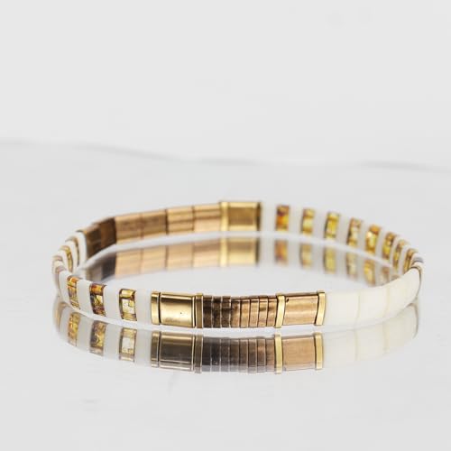 Tila Beaded Stretch Strand Bracelets for Women, Cute Boho Stackable Handmade Colorful Mixed Flat Square Beads Elastic Beach Surfer Bracelet Trendy Jewelry Friend Gift - color: 0901L