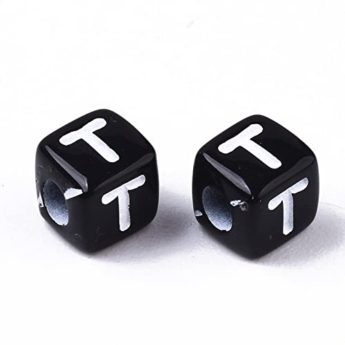 FASHEWELRY 500Pcs Acrylic Cube Letter Beads 5x5x5mm Black Square Letter T Alphabet Beads for DIY Bracelet Necklace Jewelry Making - color: Letter T