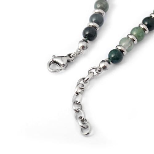 Ganbatte Handmade Beaded Bracelet, Natural Stone and Silver Stainless Steel, Boho Style Women's Jewelry - color: Moss Agate
