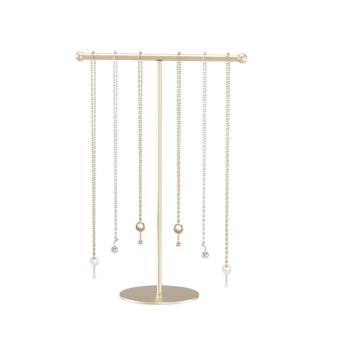Metal T-Bar Necklace Holder Stand, Necklace Hanging Display Stand, Tabletop Jewelry Organizer Stand for Necklace Bracelet Earring Display (Gold With Metal Base) - color: Gold, size: Round Metal Base