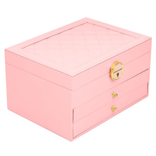 3 Layer Jewelry Box for girls, Lockable Jewelry Organizer for Necklace Earring Ring Bracelet Watch, PU Leather Storage, Pink - color: Pink