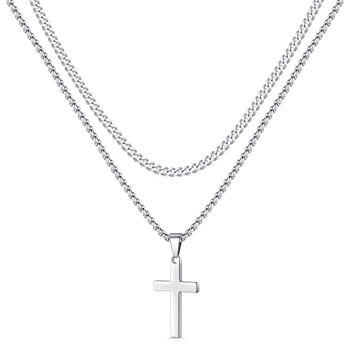 LUXEJEW Cross Necklace for Men Boys - Gold Silver Black Stainless Steel Cross Pendant Necklaces Layered Cuban Link Chain Necklace Jewelry Gifts 16 18 20 22 24 Inches - color: Silver, size: 22in/24in, style: Style A-Small Pendant