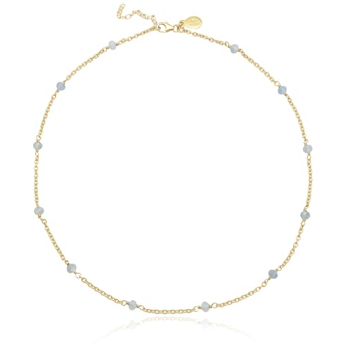 Dainty Gold Necklace for Women,Trendy 18k Gold Vermeil Sterling Silver Choker Necklace Thin Beaded Choker Necklaces Womens Simple Jewelry Gift for Valentines Day - color: March - Aquamarine