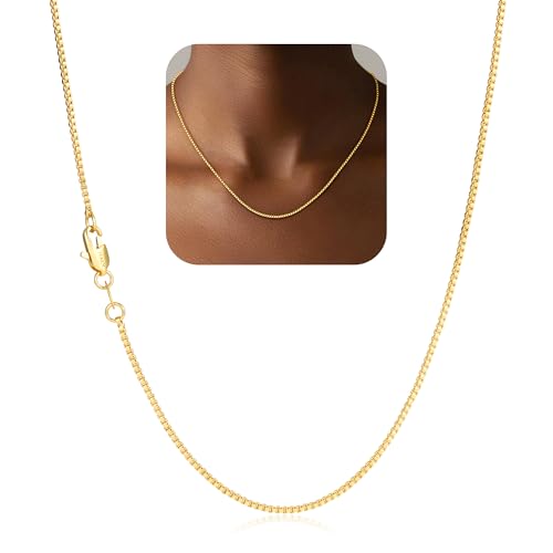 18K Gold Plated 925 Sterling Silver Chain for Women, 1mm Box Chain Dainty Gold Necklace Jewelry Gifts for Women Mom Girlfriend - size: 22 Inches