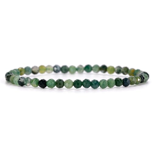 Angelstones Natural Gemstone Small Beaded Stretch Bracelet, 4mm Faceted Round Beads, Crystal Healing Bracelet for Women - color: Moss Agate