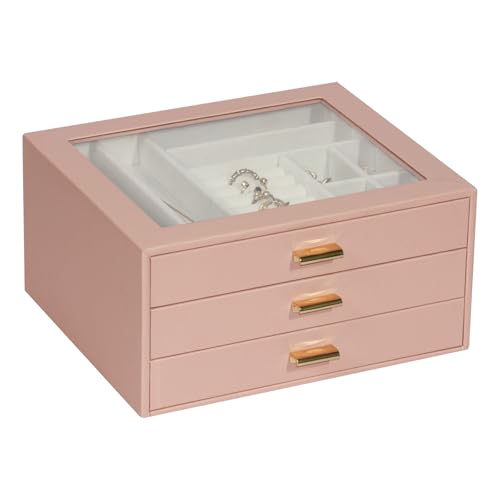 Jewelry Box Organizer with 3 Drawers,Glass Lid Jewelry Boxes for Women,Jewelry Storage for Rings,Necklaces,Earrings,Bracelets,Interesting Gift,Pink - color: Pink, size: 3-Layer
