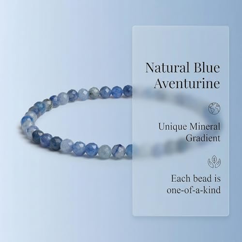 Angelstones Natural Gemstone Small Beaded Stretch Bracelet, 4mm Faceted Round Beads, Crystal Healing Bracelet for Women - color: Blue Aventurine