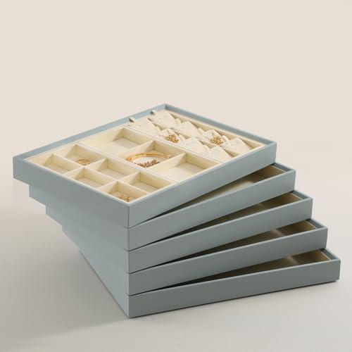 Dark Blue Jewelry Display Tray Ring Necklace Earring Bangle Organizer Multifunctional Storage Case for Jewelry Showcase (Long 3 Grids Tray(beige)) - color: 21-3 Gird Tray