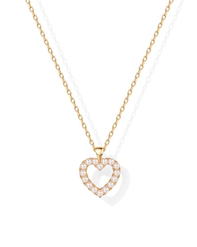 PAVOI 14K Gold Plated Cubic Zirconia Heart Necklace | Cute Dainty Love Pendant Necklaces for Women - Valentines Day Trendy Jewelry - style: Heart Pearl
