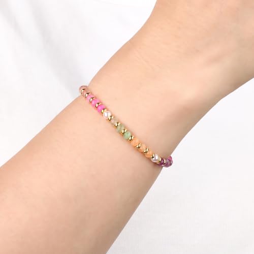 QOGIR 14k gold Handmade Healing Bracelet, Natural Gem Stone Crystal Elastic Gold Bracelet - color: 01- Multicolor Beads, size: 4m