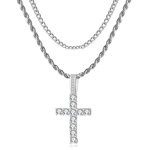 GEMOSA Cross Chain for Men 14K Gold Silver Plated Solid Iced Out 5A+ Cubic Zirconia Stainless Steel Cuban Link rope Layered Chains 16-24 Inch Large Cross Diamond Pendant Nceklace Jewelry Gifts - color: Silver, size: 22/24inch