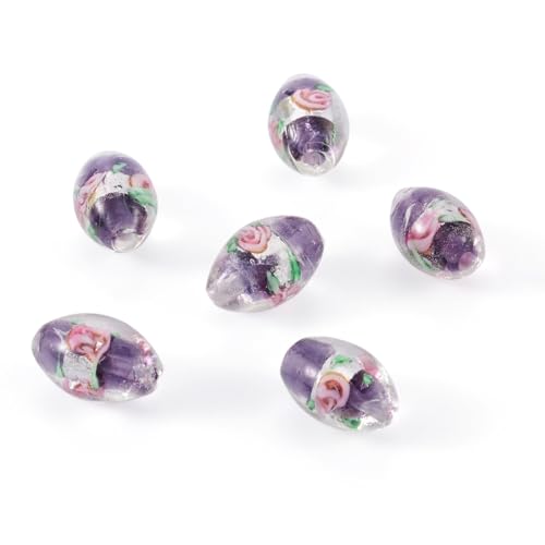 Elecrelive 10Pcs Oval Flower Glass Beads 16mm Silver Foil Lampwork Beads Purple Floral Crystals for DIY Bracelet Necklace Earring Jewelry Making - color: Medium Purple
