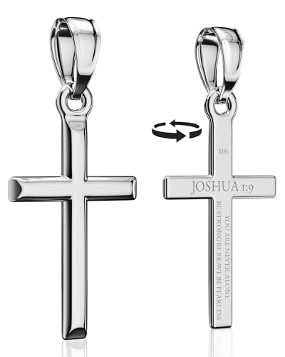 Cross Pendant Necklace with Bible Verse - Top-grade 316L Stainless Steel, Sleek Polished Design, Skin-friendly, Christian Jewelry for Men and Women - color: Elegant Silver, size: Medium, style: JOSHUA 1:9