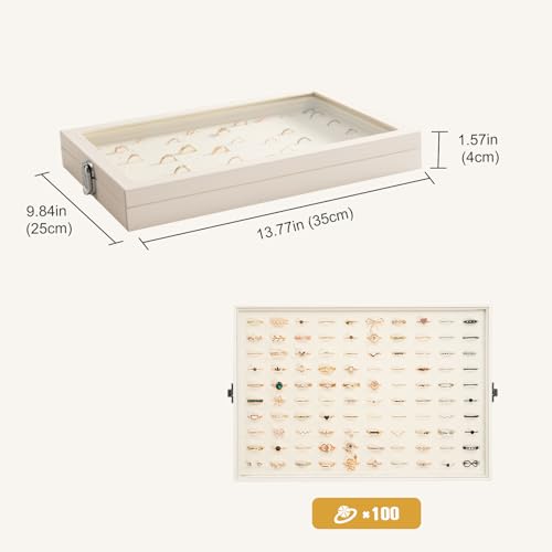 Lolalet Jewelry Organizer Tray with Lid, 100 Grids Velvet Ring Organizer Holder Storage Box for Drawer -Beige - style: Ring