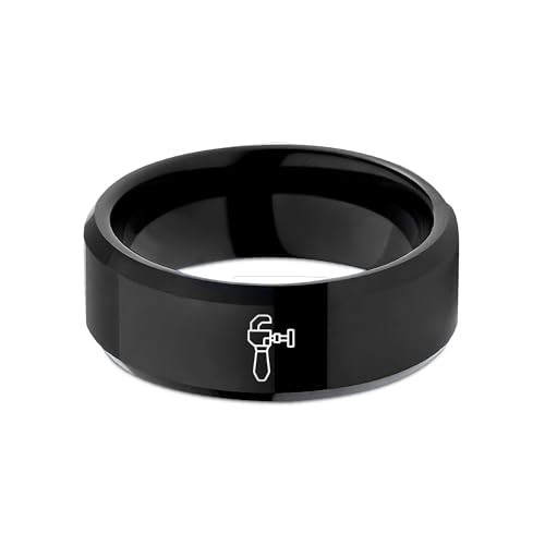 Chain Tool Ring - Gift for Cyclist - 8mm - Band - Gunmetal Black Silver - Personalized Custom Engraving - Men Women - Anniversary Engagement Wedding - Tungsten Carbide - Flat Dome Bevel - color: 14 - Black Tungsten