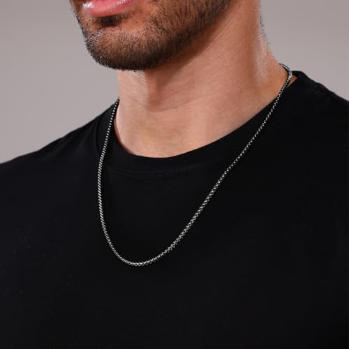 Square Rolo Chain Necklace Stainless Steel Round Box Necklace for Men Women/2mm-7mm/16Inch-36Inch - color: Stainless Steel-Black, size: 26 Inches, style: 2 mm width