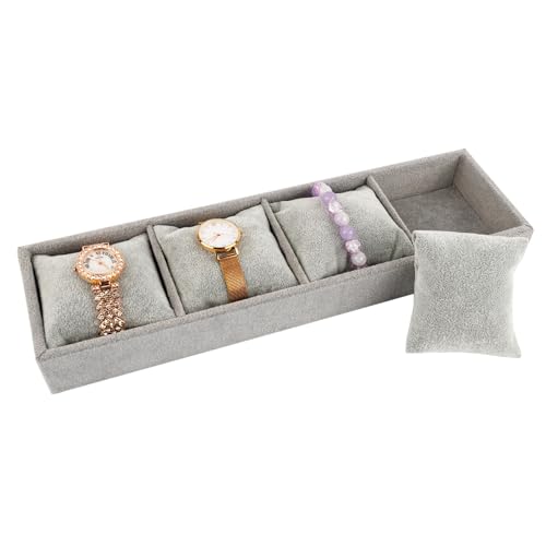 Framendino, 4 Slots Velvet Tray Jewelry Organizer with Pillow for Display Bracelet Watch Grey