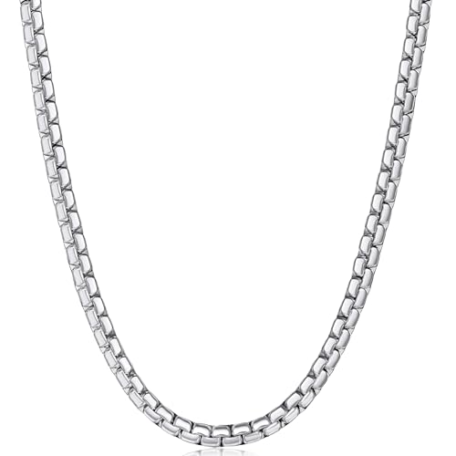Fiusem Flat Box Chains for Men, 2.5/3/4/4.5/5mm Silver Tone Box Chain Necklace, Stainless Steel Necklaces for Men and Women 16-28 Inches, Jewelry Gift - size: 26 Inches, style: Silver 4MM