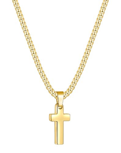 Fiusem Easter Basket Stuffers Cross Necklace for Men and Women, 14K Gold Plated Mens Cross Necklaces with 3.5mm Cuban Chain, Stainless Steel Pendant Chain 16-24 Inches - size: 18 Inches, style: Tiny gold cross:0.8"*0.45"